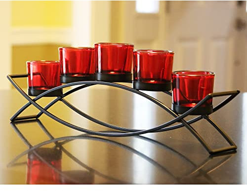 Seraphic Centro de mesa de arco de hierro, portavelas largo para Navidad, bodas, patio, cocina, comedor y mesas de café, color negro, rojo, grueso, 5 tazas