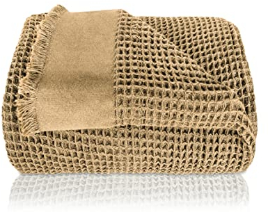 Gräfenstayn Premium Tagesdecke mit Fransen - 150 x 200 cm - leichte Sommerdecke Waffelpique - 100% Baumwolle - kühlende Wohndecke, Baumwoll-Decke als Sofa und Bett-Überwurf (Beige)