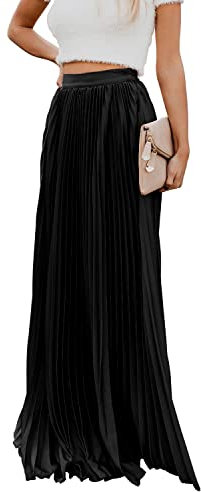 utcoco Damen Eleganter Maxirock Hohe Taille Plissee Chiffon Lange Röcke für Frauen, Schwarz, X-Groß