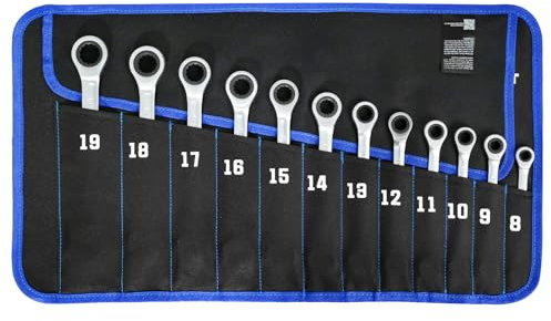 SORAKO Lot de 12 clés mixtes à cliquet à 72 dents - 8 à 19 mm - Jeu de clés mixtes à tête fixe - Dans un sac en rouleau