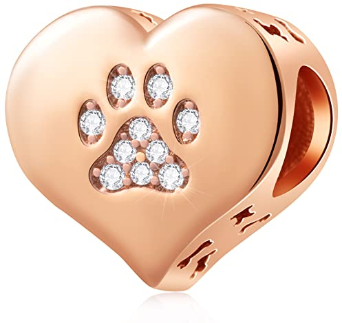 Rose Gold Dog Paw Print on my Heart Charms, fits Pandora Animal Pet Bracelet, 925 Sterling Silver Openwork Puppy Bone Pawprint CZ Beads, Gifts for Mum/Girl/Boy/Best Friends