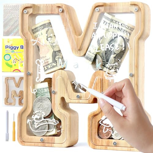 Lakpopya Spardose Kinder Buchstaben aus Holz für A-Z Personalisiert Sparschwein Durchsichtig Alphabet Sparbox, Geschenk Dekoration Taufe für Jungen Mädchen (M)