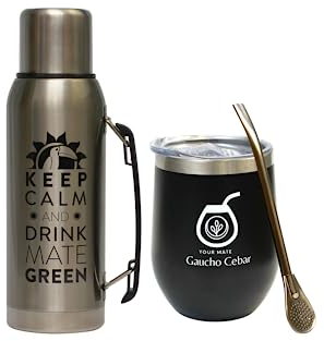 GAUCHO CEBAR Accessories for Yerba Mate Tee Set | Termo Acero Inoxidable 1L Silver y Steel Mate Té Vaso 350ml | Pajita Bombilla Liza 19 cm, Dishwasher Safe and Durable