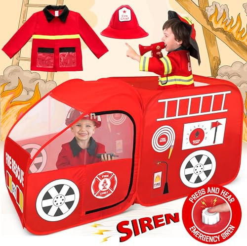 W&O Fire Truck Play Tent with Siren Button, Firefighter Hat, Jacket & Hose – Ultimate Firefighter Pop-Up Tent for Toddlers & Kids
