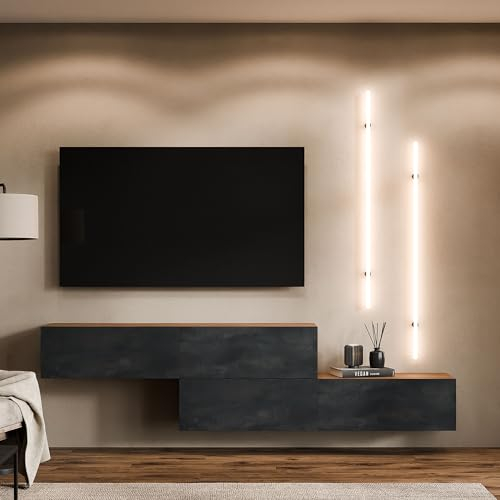 Planetmöbel TV Wohnwand Wohnzimmer 2X 160 cm Gold Eiche/Schwarz Charcoal, Modern, TV Schrank mit 2 Klappen als Stauraum, hängend oder stehend