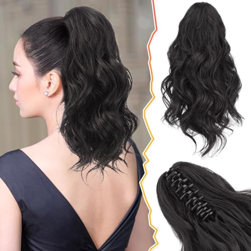 BARSDAR Klaue Clip Pferdeschwanz Extension, 35 CM Kurzes Lockig Gewellt Pferdeschwanz Haarverlängerung Synthetik Schwarz Haar Natürliches Weich Haarteil Frauen Mädchen(Natürliches Schwarz)