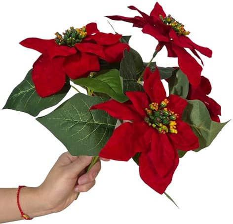 LNGODEHO Bouquet di stelle di Natale artificiali, vero tocco, in flanella, rosso, pianta verde, idea regalo per le vacanze, decorazione natalizia (grande petalo)