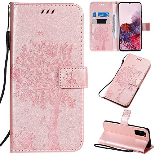VEEMOS Handyhülle für Samsung Galaxy S20 5G Hülle Klappbar Katze-Baum mit Kartenfach Klapphülle Schutzhülle Handy Tasche Leder Book Flip Case Cover Handytasche Damen - Rosa Gold