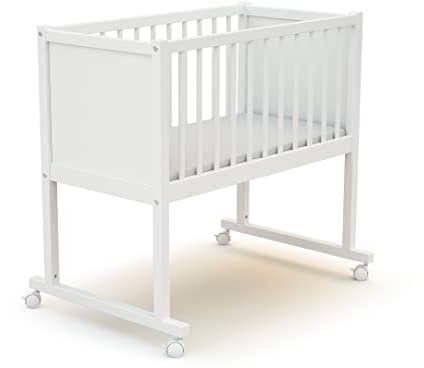 AT4 - Baby Wiege bett Holz mit rollen CONFORT 40 x 80 cm Weiß| 86 x 58,5 x 80 cm | Babybett mit Matratze inklusive 40x80x5cm | 4 multidirektionale Räder | Leicht zu bewegen