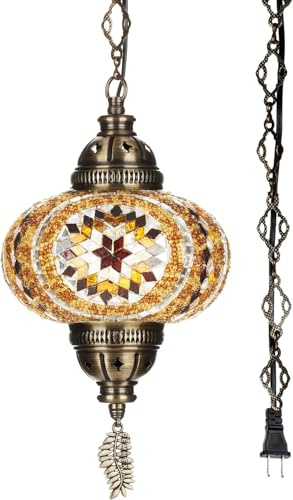 DEMMEX Plug-in Turkish Moroccan Mosaic Hanging Pendant Ceiling Light – Swag Lamp Fixture with 15ft Cord & Chain, Handcrafted Glass, Tiffany Style, Mediterranean Decor (Amber Brown)