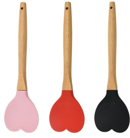 hobbyme 3 Pcs Silicone Spoon with Heart-shaped Wooden Handle, Multi-purpose Household Non-stick Kitchen Utensils Cooking Tools for Baking,Cooking,Mixing,Scraping,and Stirring