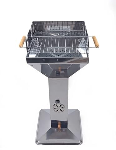 Säulengrill mit 3-fach höhenverstellbarem Grillrost, mit 2 Haltegriffen, Windschutz und Ascheschublade, rostfreier Edelstahl