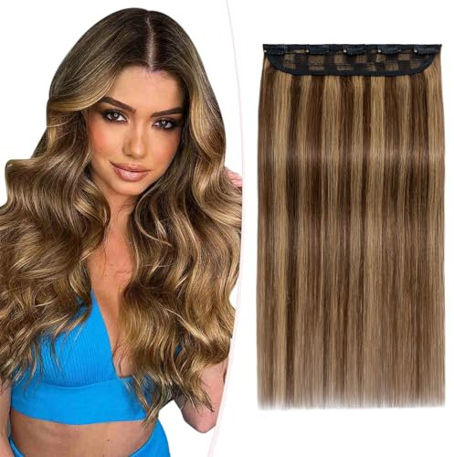 SEGOHAIR Clip in Extensions Echthaar,1 Teilig 5 Clip in Extensions Haarteil 100% Remy Echthaar Glatt Echthaar Extensions Clip,50cm 50g Schokoladenbraun mit Erdbeer-Honigblond Für Voluminöses Haar