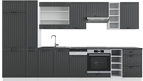 Vicco Küchenzeile Fame-Line, Anthrazit Landhaus/Weiß/Weiß, 355 cm, AP Marmor