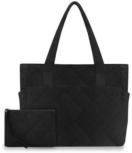 Kasgo Cabas Femme, Grand Poches Multiples Set de Sac Fourre Tout Matelassé Léger 15,6 Pouces Sac Ordinateur Femme Tote Bag Zippée avec Pochette pour Travail Voyage École Noir