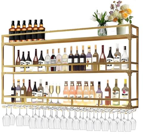 amhricho Weinregal Wand, 3 Ebenen Wand-Weinregale mit Glashalter, Multi funktionaler Weinpareite Display Rack,Weinflaschenhalter Wandmontage, für Zuhause, Bar, Küche, Restaurant (GOLD, 120*25*90cm)