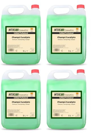 Pack 4 garrafas champu eucalipto de 5 litros - total 20 litros - fórmula neutra para todo tipo de cabello - ideal para hoteles, gimnasios, centros educativos y alojamientos - Intercabo Cosmetics