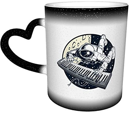 Oudrspo Funny Heat Changing Mugs, Astronaut Playing Piano Synthesizer in Space Personalized Heat Sensitive Color Changing Mug Milk Tea Cup Magic Coffee Cups