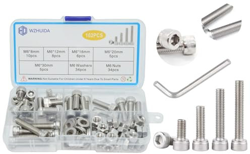 WZHUIDA 102 Stück M6 Schrauben Set, Zylinderschrauben mit Muttern und Unterlegscheiben Sortiment Kit, Edelstahl Innensechskant Schrauben Set, Sechskopfschrauben Muttern mit Schraubenschlüssel