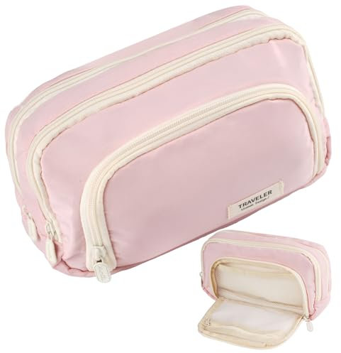 Tikplus Federmäppchen Große Kapazität, Mäppchen mit 3 Fächer, Schulmäppchen Teenager Mädchen Junge Erwachsene, Mäppchen Study, Federtasche Stiftetasche Stiftemappe Pencil Case für Schule, Büro (Rosa)