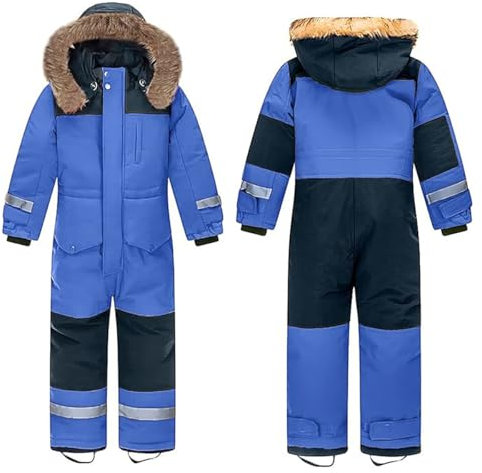 linboo Unisex Kinder Skioverall Wasserdicht Schneeanzug mit Kapuze Atmungsaktiv Schneeoverall Winddicht Skianzug für Jungen Mädchen Verdickt Winteranzug, Königsblau, 152-158(Herstellergröße: 160)