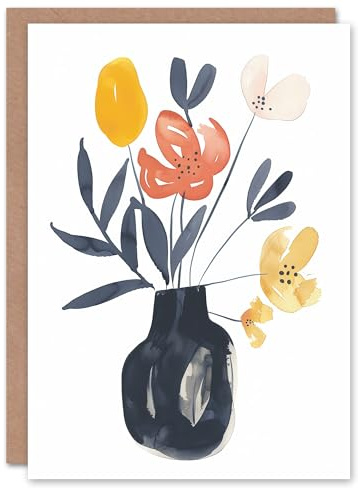 Artery8 Greeting Card Boho Abstract Watercolour Flower Bouquet in Vase For Her Woman Mother's Day Card