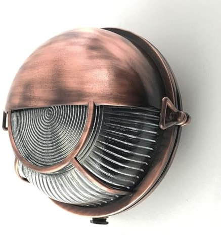 Licht-Erlebnisse Runde Außenlampe Wand Glas Messing Ø 17,5 cm klein IP64 E27 regenfest rostfrei Maritim in Kupfer antik Kellerleuchte Feuchtraumleuchte Garagenlampe