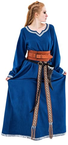 Leonardo Carbone® Damen Kleid Wikingerkleid Brigida | Handstickerei | V-Ausschnitt | Karneval, Halloween, Cosplay, LARP, Mittelalter, Wikinger, Kostüm | 100% Baumwolle Blau XL