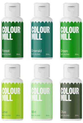 AOS Set | Colour Mill Lebensmittelfarben Set Green Colours Set 6x 20ml | Grün-Töne | Food Coloring für Schokolade, Fondant, Cupcakes, Kuchen, Backen | Fettlöslich Ölbasiert Flüssig