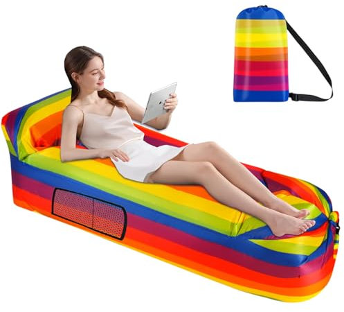FainFun Inflatable Beach Sofa, 230 * 70cm Couch Sofa Aufblasbar Outdoor Camping, Luftsofa, Mit mit Kissen und Seitentaschen, Kopfkissen (Polyester 210T, Regenbogen)