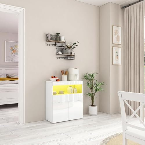 Komtopod Modernes Sideboard Hochglanz mit 2 Türen, Schublade & Regal - LED Beleuchtung Aufbewahrungsschrank für Wohnzimmer, Esszimmer, 80x35x90cm, Weiß