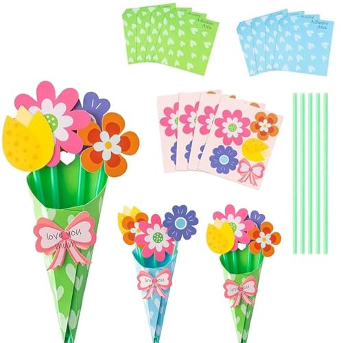 BETEAM 12pcs Mother's Day DIY Flower Bouquet Craft Kit - Floral Paper Crafts for Kids -Teacher's Day, Birthday Gifts - Origami/Paper Craft - School Classroom Craft Supplies