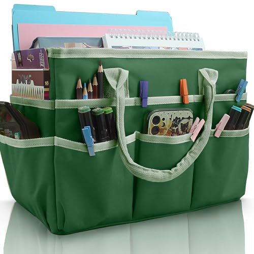 Cupohus Art Organizer Craft Storage Tote Bag with Pockets and Handles, Oxford Fabric Carrying Caddy for Teacher, Officer, Artist, Traveler, and More –Green