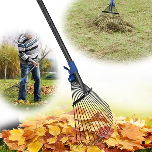 Verstellbarer Laubbesen, 134,6 cm langer Griff, Gartenrechen für Rasen, Blätter mit erweiterbarem Kopf, 20,3–43,2 cm, Hof, Damen, Kinder, Rechen für Gartenarbeit, Wohnmobil, Camping