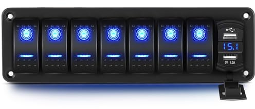 Greluma 7 Gang Wippschalter Aluminiumplatte mit Voltmeter und Dual USB (4.2A) Schnellladung, blau beleuchtete LED, vorverdrahtet, IP65 wasserdicht für Marine, Boot, Auto, LKW (blau)