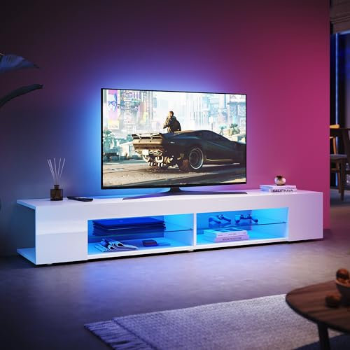 SUNXURY TV Board mit LED-Beleuchtung Fernsehtisch mit 5 mm Glasablage 180(B) x 39(T) x 30(H) cm TV Schrank Fernsehschrank TV lowboard weiß Hochglanz