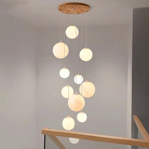 DOCJX Moderne E27 Pendelleuchte Hängeleuchte Mond Treppe - Länge Verstellbar (bis 2m) Für Hohe Decken - Holzoptik Deckenlampe Mit PE-Schirm - Für Treppenhaus, Wohnzimmer, Diele, Esszimmer - E27 Fass