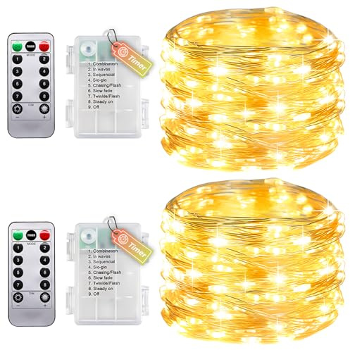 Confezione da 2 catene luminose con timer e telecomando, per interni, con batteria, 10 m, 100 LED, impermeabilità IP65, senza batterie, per camera da letto, matrimonio, Natale, feste
