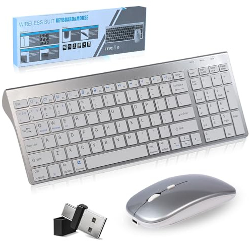 Advanced Kabellose Tastatur und Maus Combo,DREI Modi 5 in1(Bluetooth*3+2.4G+USB-C), Leise Wiederaufladbare Ultraslim,US QWERTY Layout Funktastatur für Computer/Desktop/PC/Laptop/Notebook Windows