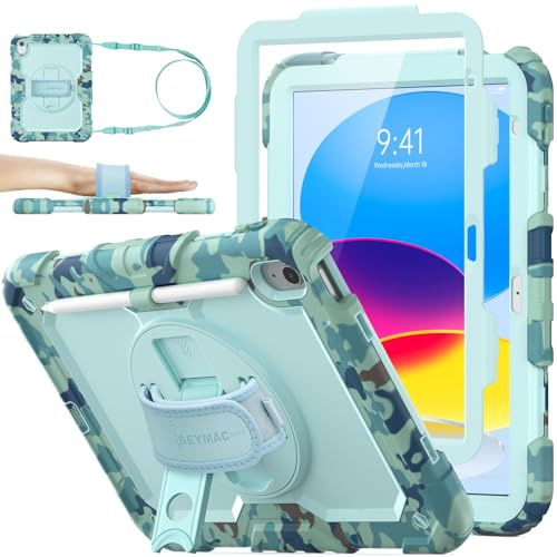 SEYMAC stock Hülle für iPad A16 11./10. Generation 11/10.9, Tarnrosa | Rundumschutz,Zwei Frontrahmen,Displayschutzfolie, 360° Drehbarer Ständer/Handschlaufe,Verstellbarer Schultergurt,Stifthalter