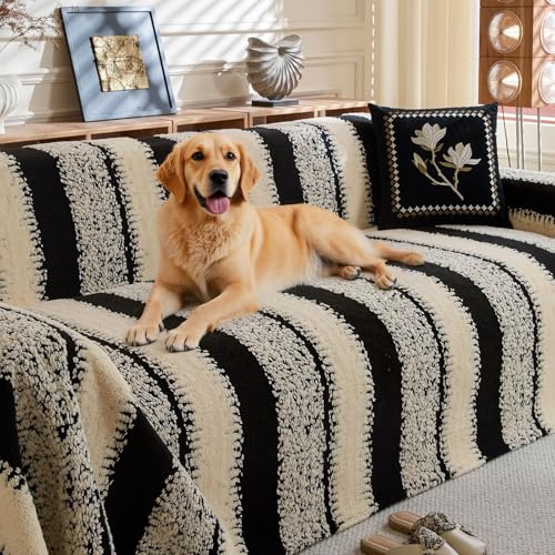 LiveGo Sofabezug für 3 Sitzer, Chenille rutschfester Schonbezug für Sofa, Ganzjahres-Couch Bezug für Hunde, Dicke Plüsch-Sofabezüge Futonbezug L Shaped Sofa Cover mit Quaste (Plüsch Schwarz, 180 * 340