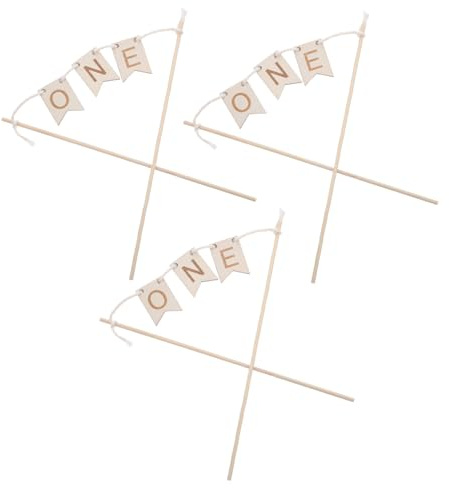 VICASKY 3 Stück Holz Cake Topper Teiliges für Geburtstag Natürliches Holz mit Feiner Gravur Einzigartiges Banner Design Vielseitige Tortendeko für Junge Mädchen Erste Geburtstagsparty
