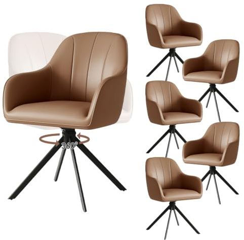 Hawthyhome Esszimmerstühle Drehbar 6er Set 5cm Sitzkissen PU Leder/Braun | Stühle Esszimmer mit Armlehne,Polsterstuhl mit Metallbeinen,Moderner Küchenstuhl für Esszimmer,Wohnzimmer,Büro