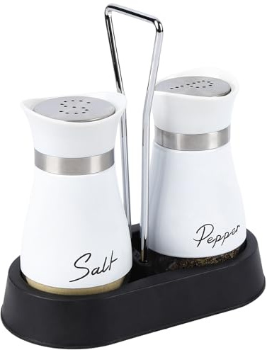 Salt and Pepper Sets, Salt and Pepper Shakers with Holder, Set of 2 Stainless Steel and Glass Bottle Salt Shaker Cellar Dispenser for Kitchen, Cooking, Camping (White)