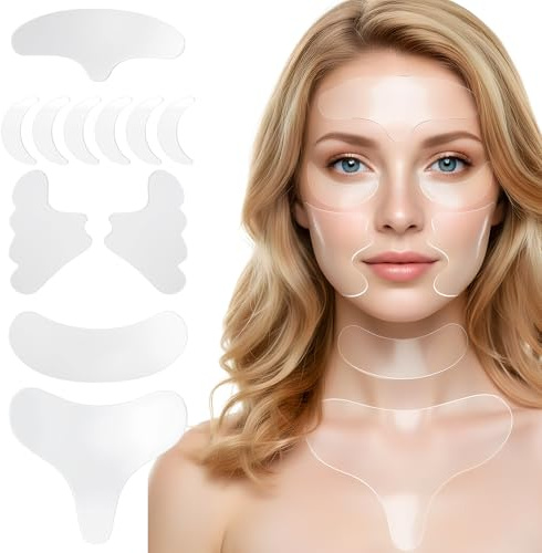 Patch Anti Rides, 11 Pièces Patchs Soin du Visage Anti-Rides Réutilisables en Silicone Sans Adhésif pour Front Yeux Joues Bouche et Poitrine