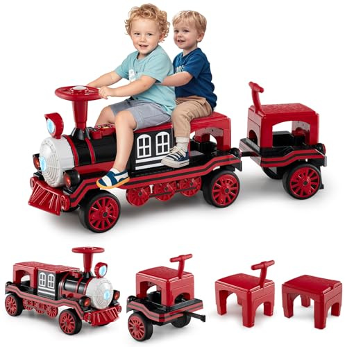COSTWAY 12V Train Porteur Électrique Enfant 3 Places avec 2 Sièges Amovibles, 1 Locomotive & 1 Wagon, Voiture Porteur Enfant avec Lumières & Sifflet & Musique, Charge 75 kg, 3-8 Ans (Rouge)