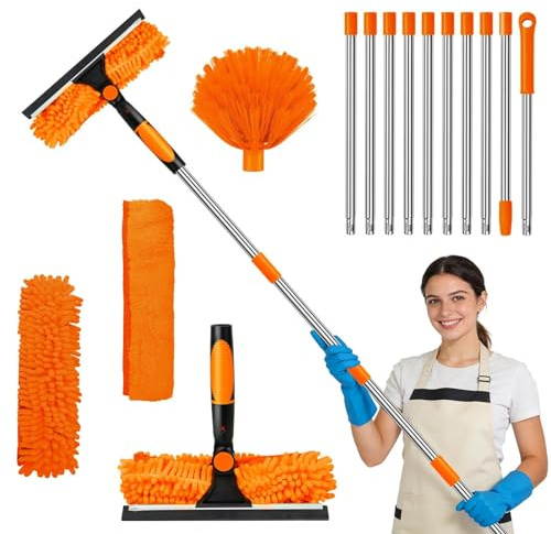 4.5M Window Squeegee Cleaner Tool Kit with Long Handle, 2 in 1 Window Cleaning Squeegee and Microfiber Cloth/Spider Web Brush/10 7egmented Threaded Irons for Indoor/Outdoor (Orange)