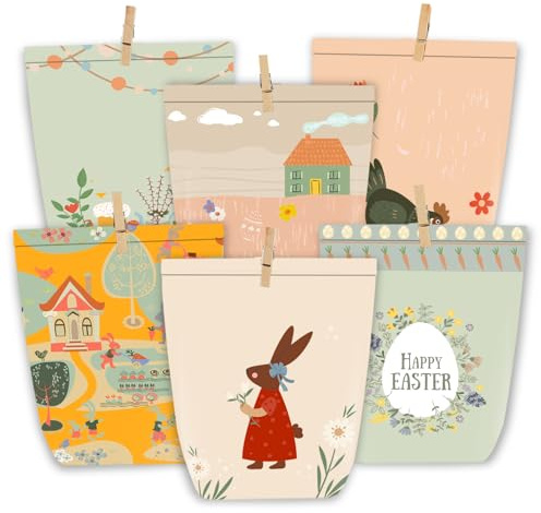 KOHMUI Geschenktüten Ostern, 12 Ostertüten zum Befüllen, Bunt Bedruckte Tüten mit Klammern, Karikatur Osterhasen Basteln Set
