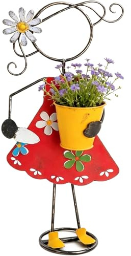 Bonita estatua de metal para jardín con soporte para macetas, figura de jardín de niño o niña, decoración artística de patio al aire libre para el hogar, patio, porche, césped, jardín, decoración de
