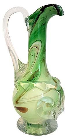 Oberstdorfer Glashütte Gruene Vase Blumenkrug mit Henkel farbige Glaskaraffe Zierkanne grün beige Weiss marmoriert dekorativer Kristallglaskrug mundgeblasen Höhe ca. 27 cm
